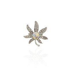 Брошка металлическая со стразами Листик 2.8см (13887)